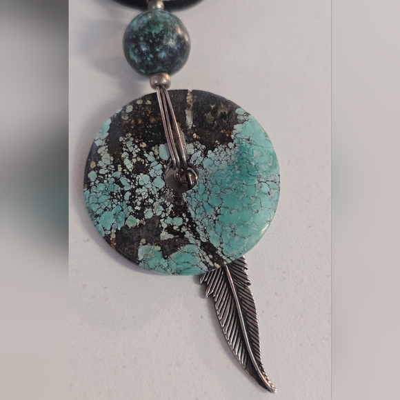 Turquoise And Silver Southwest Feather Pendant Necklace - Picture 4 of 4